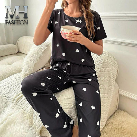 black color nightsuit white heart printed in premium fabric for girls and woman (MH 73)