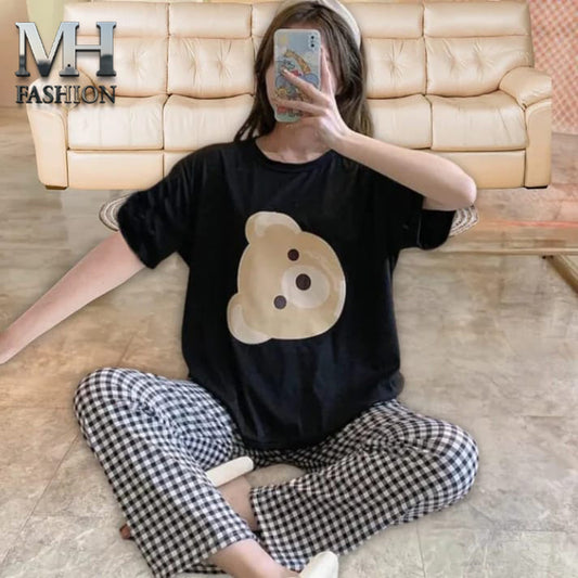 bear face printed nightsuit in premium fabric for girls and woman (MH 79)
