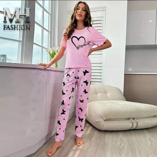 pink nightsuit heart with momlife print in premium fabric for girls and woman (MH 81)