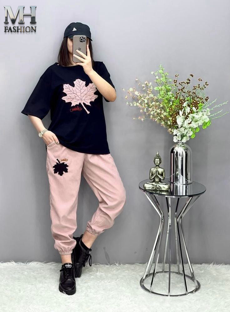 BLACK AND PINK LEAF DESIGN  NIGHTSUIT FABRIC  COTTON JARSY - M.H fashion 