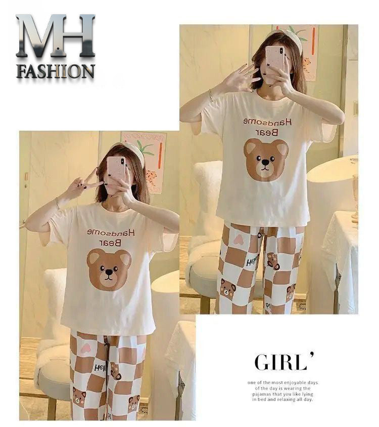 brown teddy bear printed night suit in premium fabric for girls and woman (MH 77