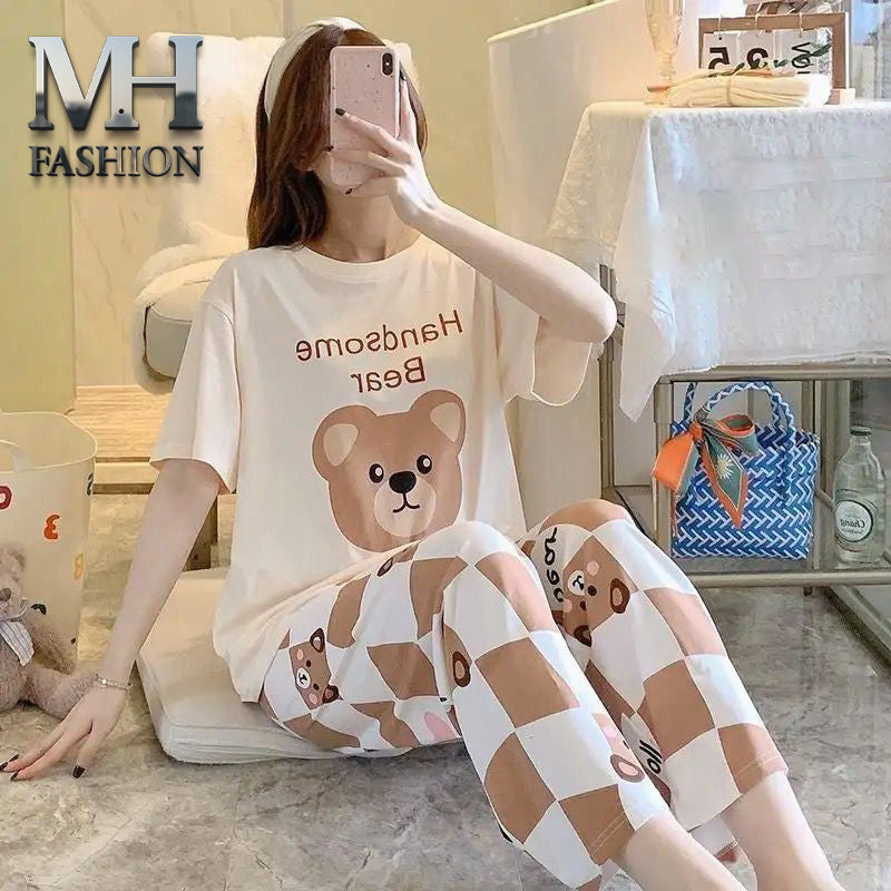 brown teddy bear printed night suit in premium fabric for girls and woman (MH 77