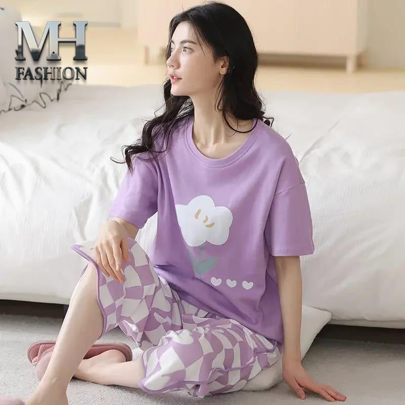 PURPLE NIGHT DRESS FLOWER PRINTED IN COTTON FABRIC - M.H fashion 