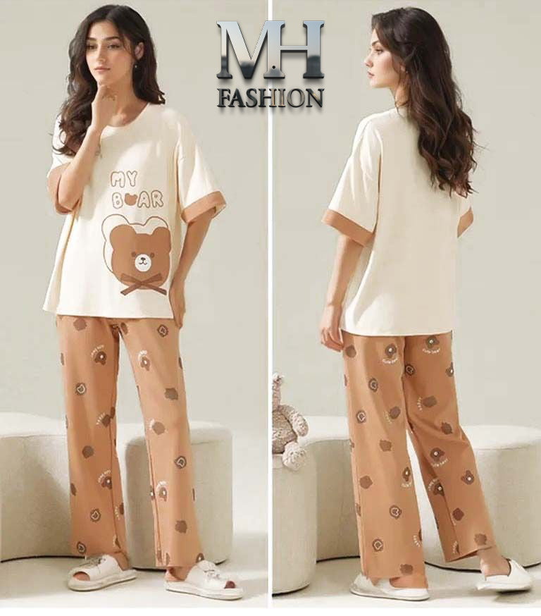 BROWN NIGHT SUIT BEAR PRINTED IN COTTON FABRIC - M.H fashion 