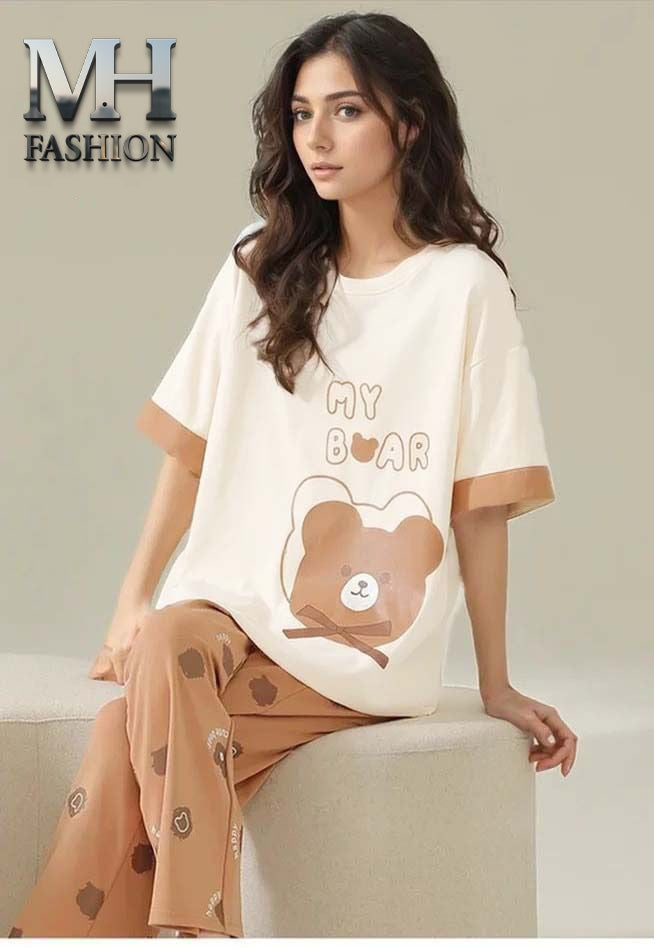 BROWN NIGHT SUIT BEAR PRINTED IN COTTON FABRIC - M.H fashion 