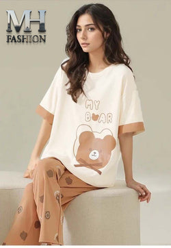 BROWN NIGHT SUIT BEAR PRINTED IN COTTON FABRIC FOR WOMENS AND GIRLS ( MH 004)