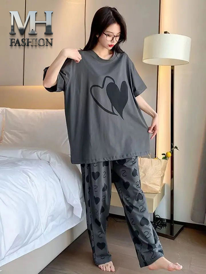 DARK GREY HEART DESIGN NIGHT DRESS IN COTTON FABRIC - M.H fashion 