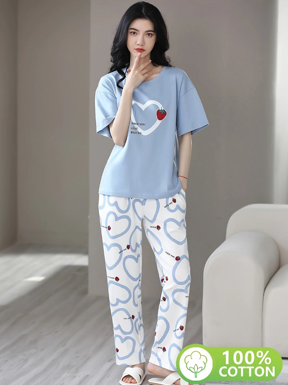 BLUE HEART DESIGN NIGHT DRESS IN COTTON FABRIC - M.H fashion 
