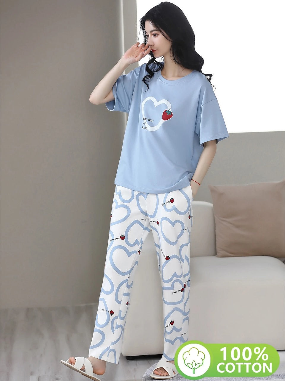BLUE HEART DESIGN NIGHT DRESS IN COTTON FABRIC - M.H fashion 