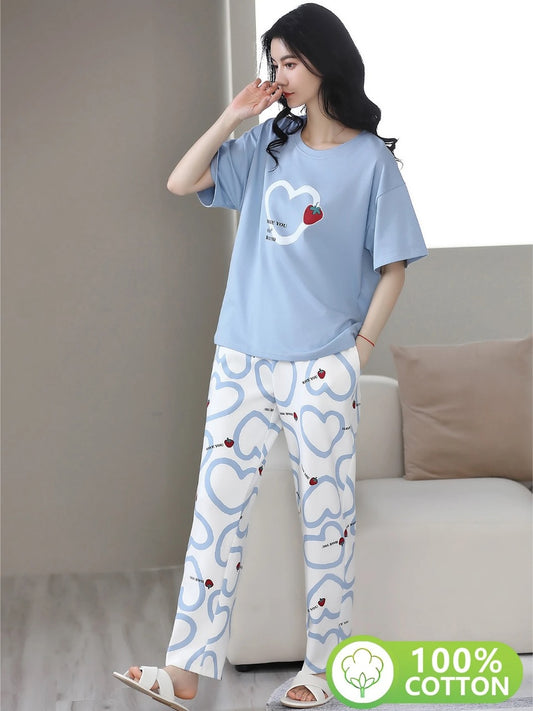 BLUE HEART DESIGN NIGHT DRESS IN COTTON FABRIC - M.H fashion 