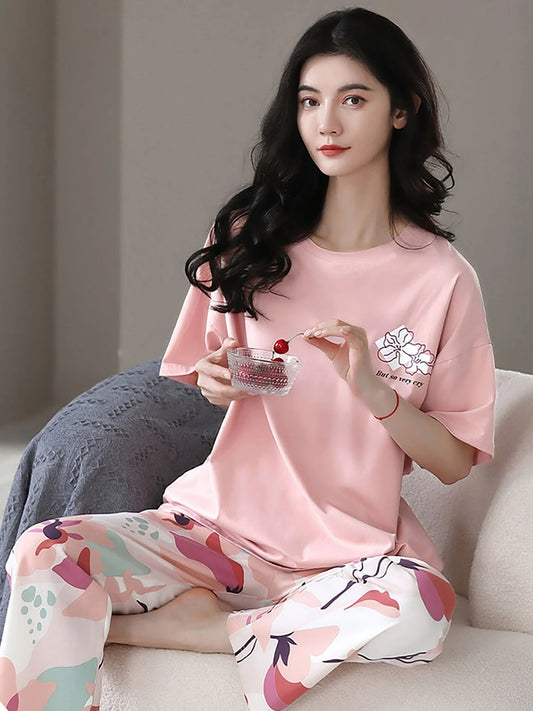 PINK WHITE FLOWER DESIGN NIGHT DRESS IN COTTON FABRIC - M.H fashion 