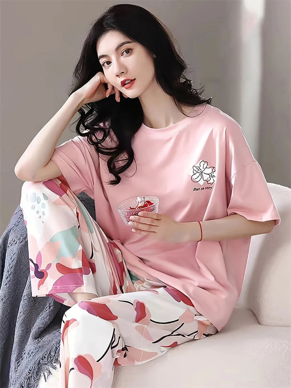 PINK WHITE FLOWER DESIGN NIGHT DRESS IN COTTON FABRIC - M.H fashion 