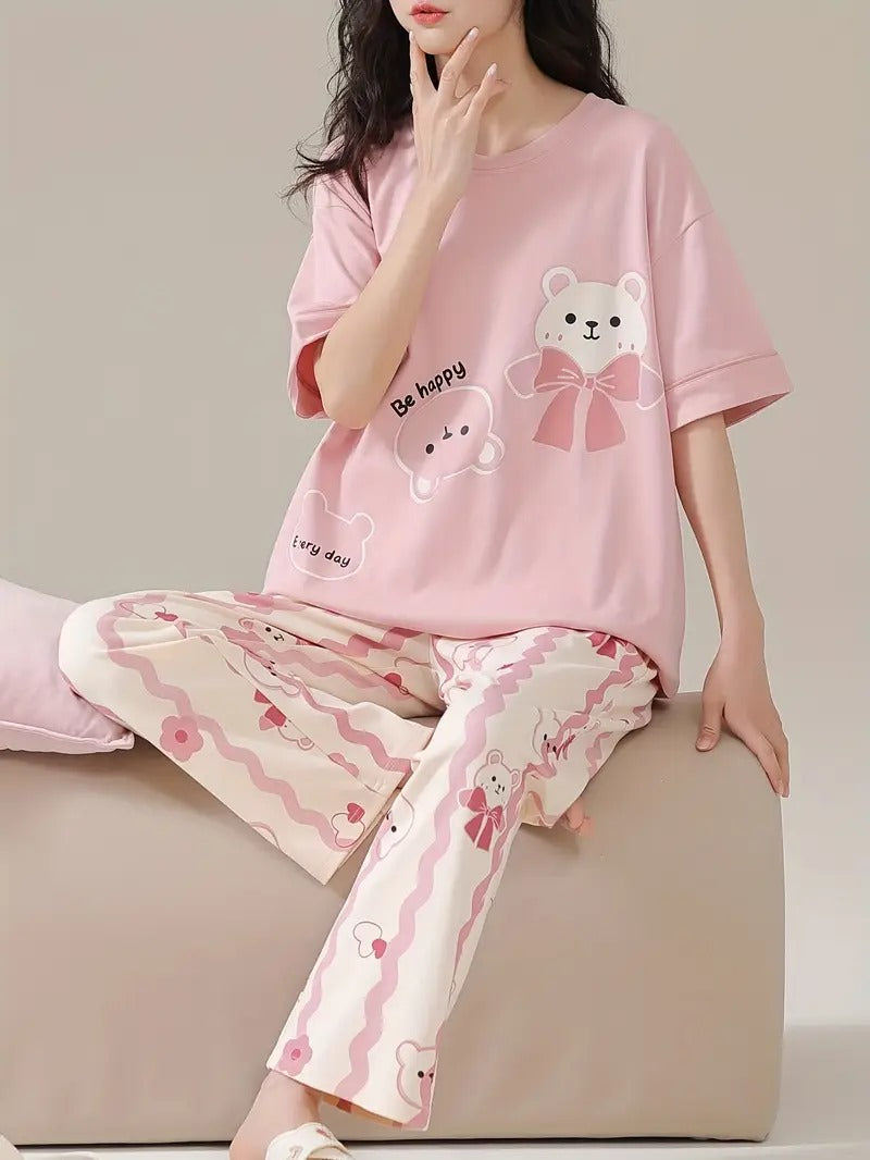 pink happy bear design night suit premium fabric for girls and woman - M.H fashion 