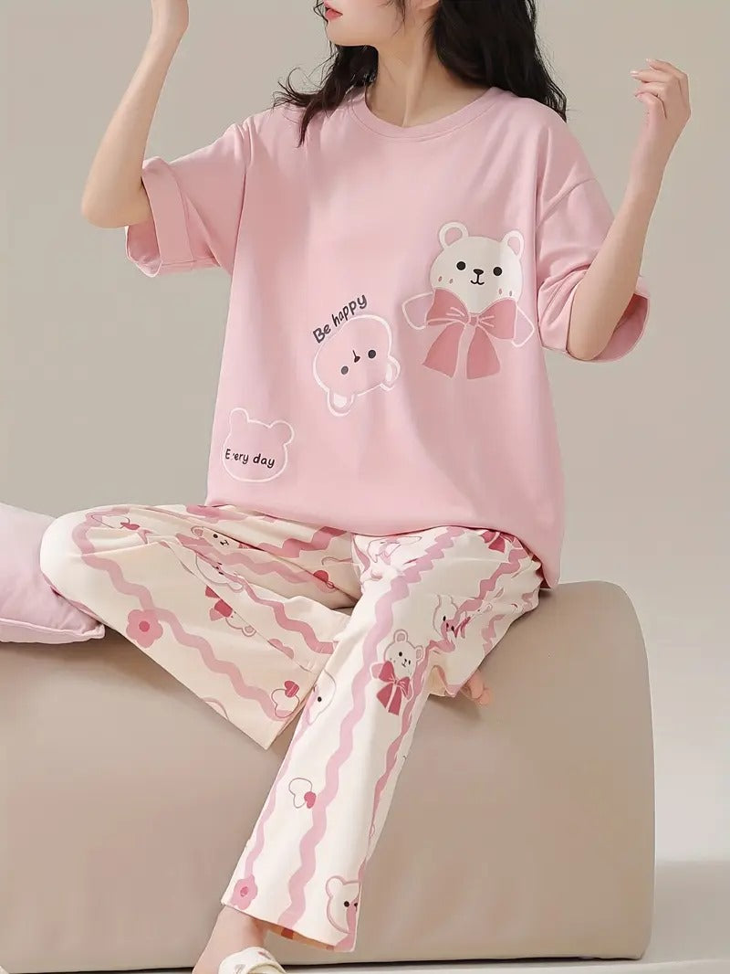 pink happy bear design night suit premium fabric for girls and woman - M.H fashion 