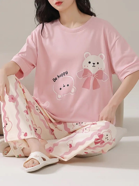 pink happy bear design night suit premium fabric for girls and woman - M.H fashion 