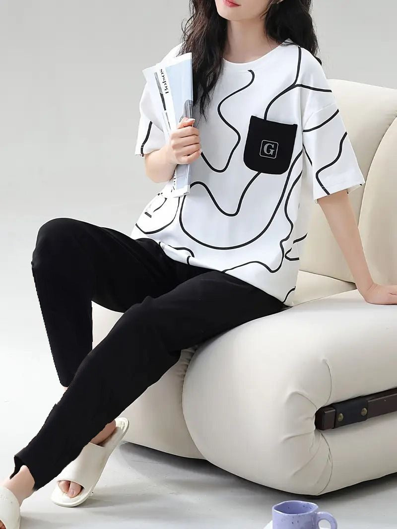 white and  black pocket  design night suit premium fabric for girls and woman - M.H fashion 