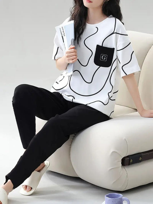 white and  black pocket  design night suit premium fabric for girls and woman - M.H fashion 