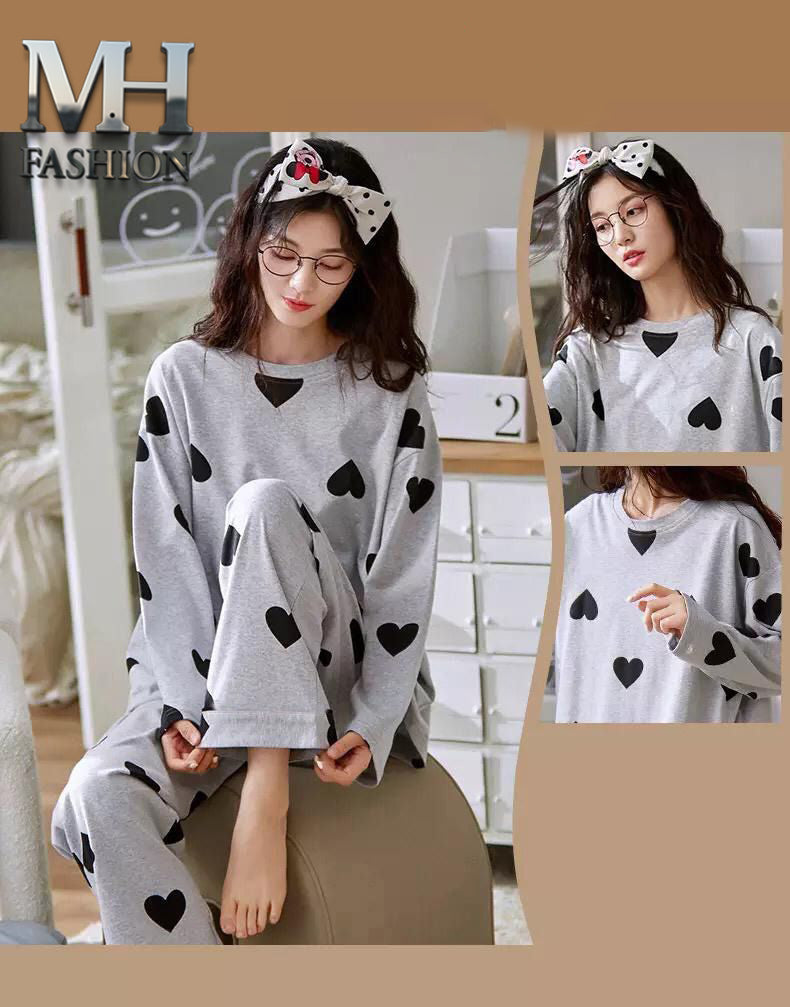 Grey heart printed design night suit premium fabric for girls and woman