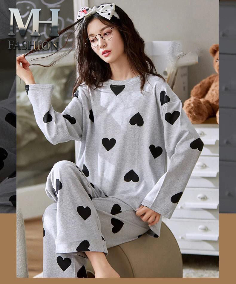 Grey heart printed design night suit fabric cotton jarsy - M.H fashion 