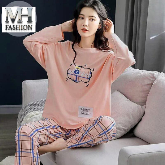 pink full sleeves printed design night suit fabric cotton jarsy - M.H fashion 