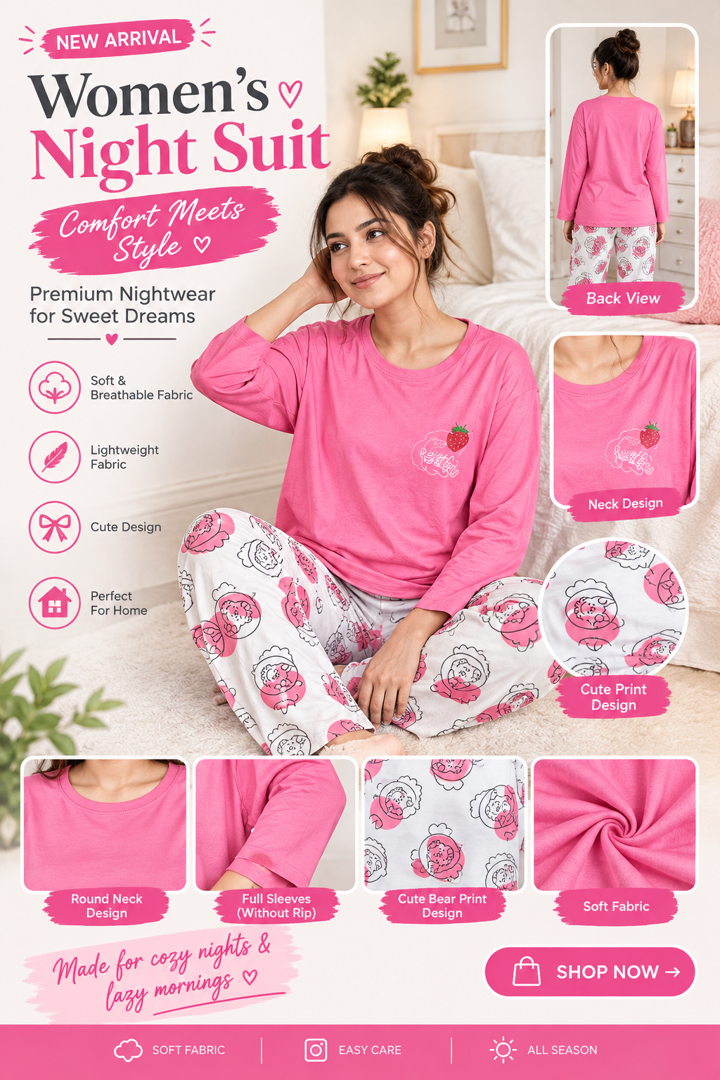 pink strawberry full sleeves Print Women's Night Suit – Cotton Sleepwear Set - M.H fashion 