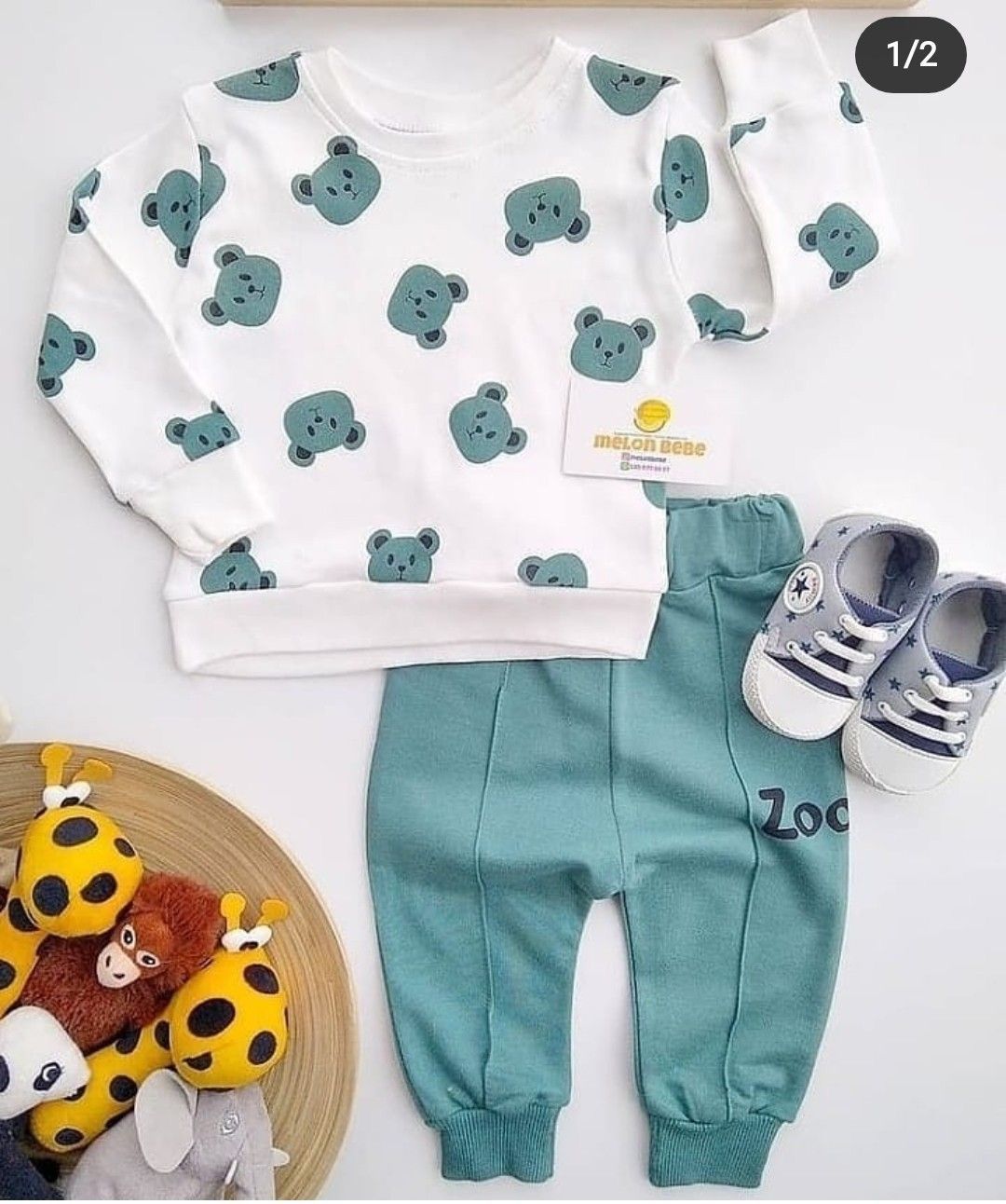 grey bear printed  kids suit for winter