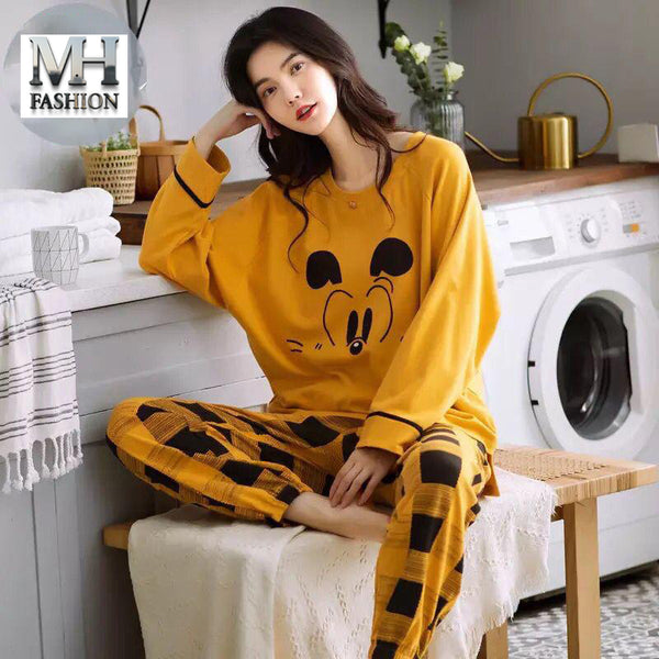 yellow micky mouse printed design night suit cotton jarsy fabric for girls and woman