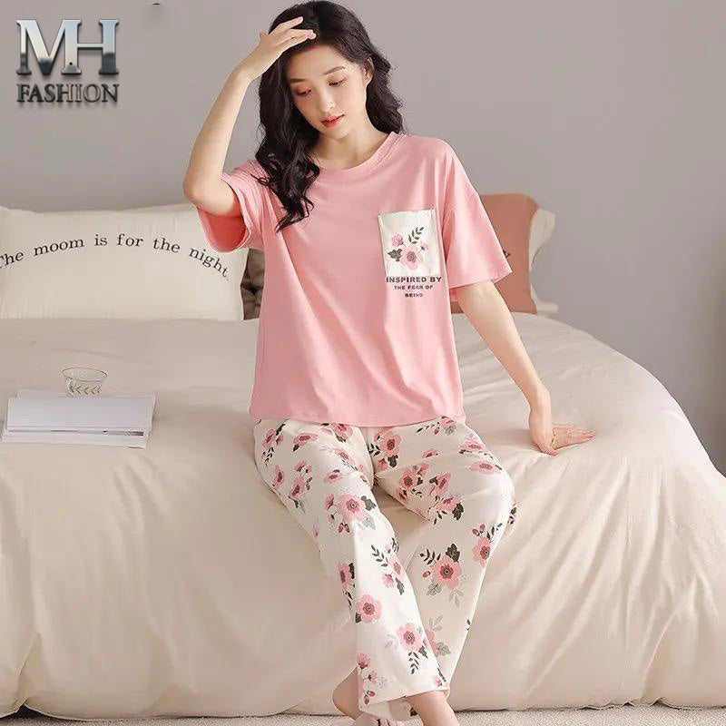 pink flower printed night suit in premium fabric cotton jarsy - M.H fashion 