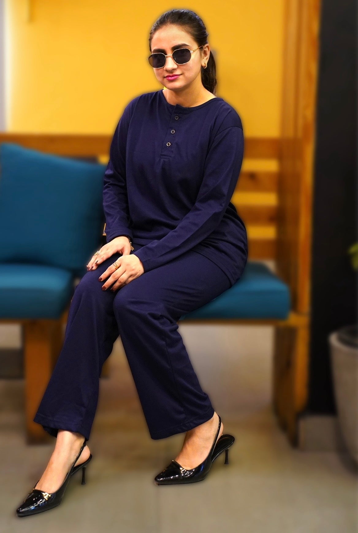 plain v neck button collar style night suit in soft cotton fabric - M.H fashion 