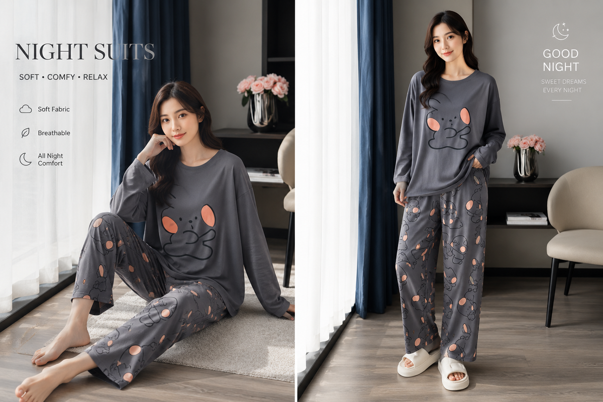 grey rabbid full printed night suit premium fabric for girl