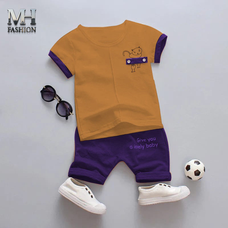 kids short tracksuit in cat printed t-shirt and short trouser for kids and boys (MH )