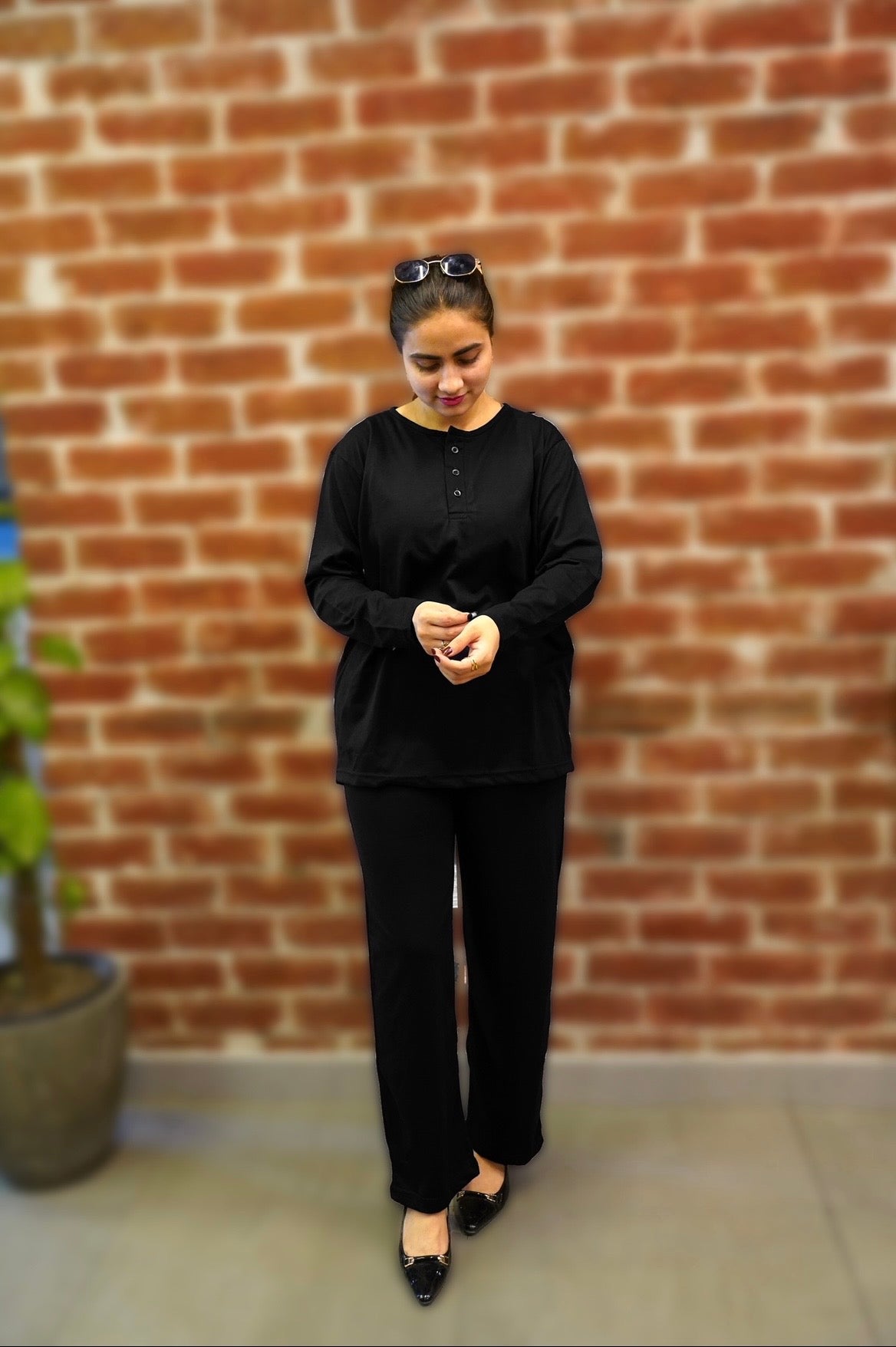 plain v neck button collar style night suit in soft cotton fabric - M.H fashion 