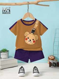 kids short tracksuit in teddy bear  printed t-shirt and short trouser for kids and boys (MH )