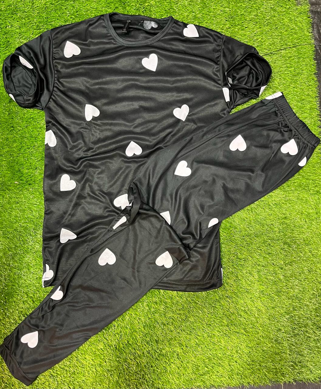 black color nightsuit white heart printed in premium fabric for girls and woman (MH 73)