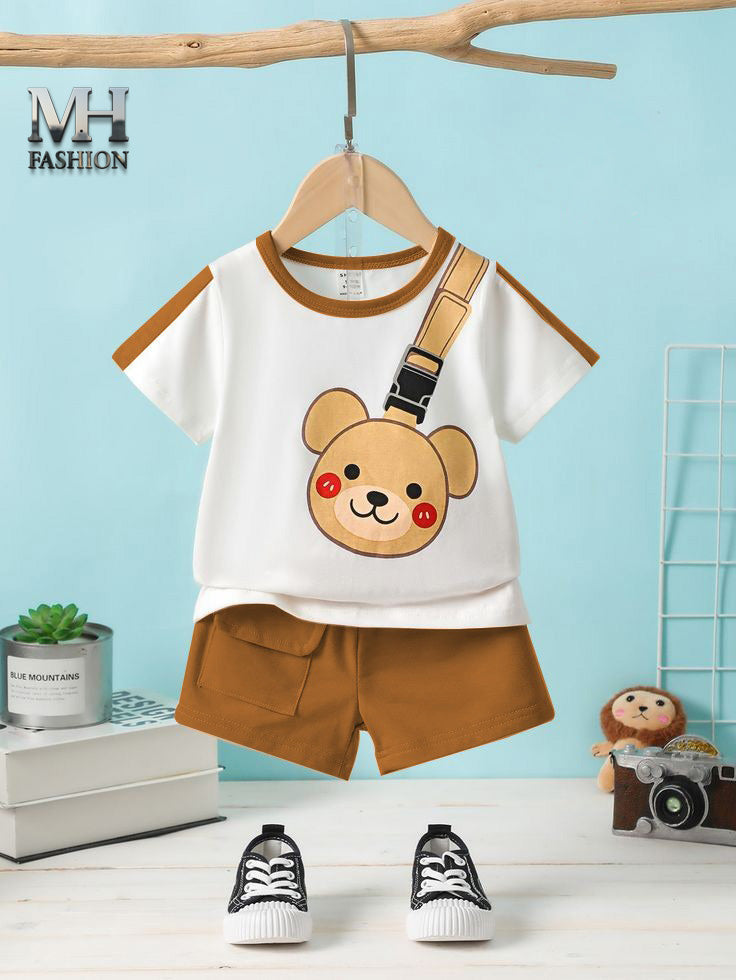 kids short tracksuit in teddy bear  printed t-shirt and short trouser for kids and boys (MH )