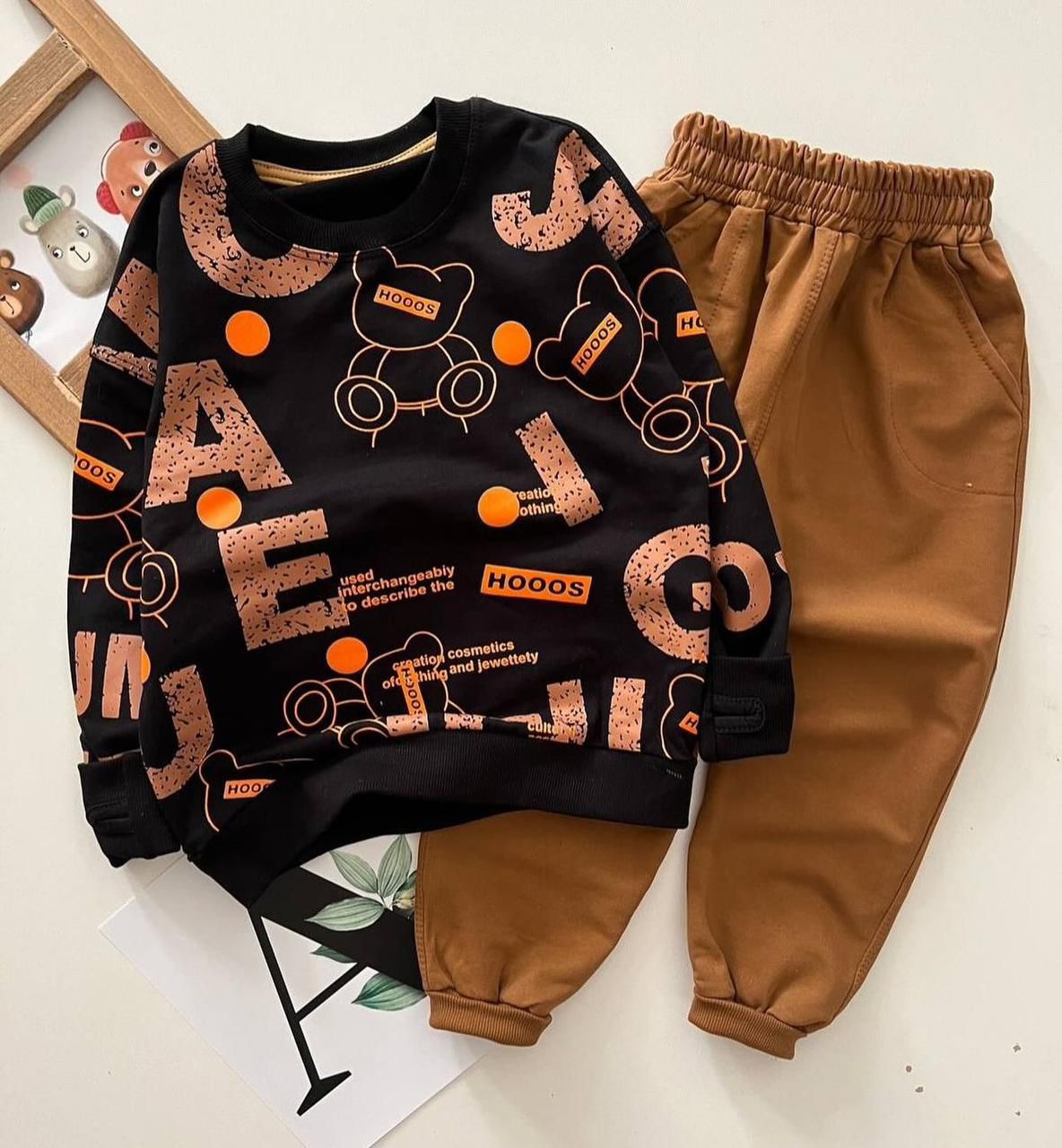 dark brown text design printed  kids suit for winter