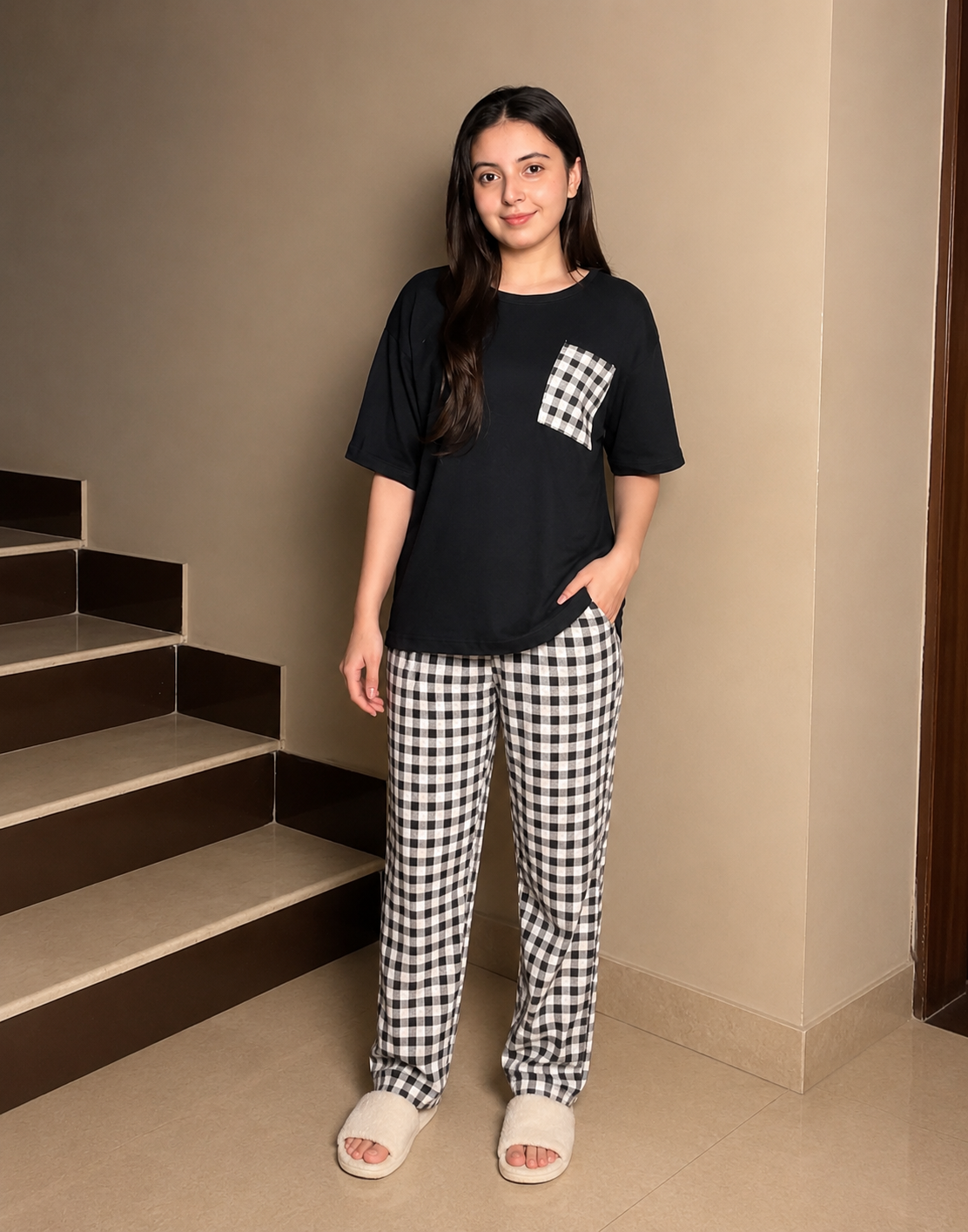 black check pocket printed night suit premium fabric for girl