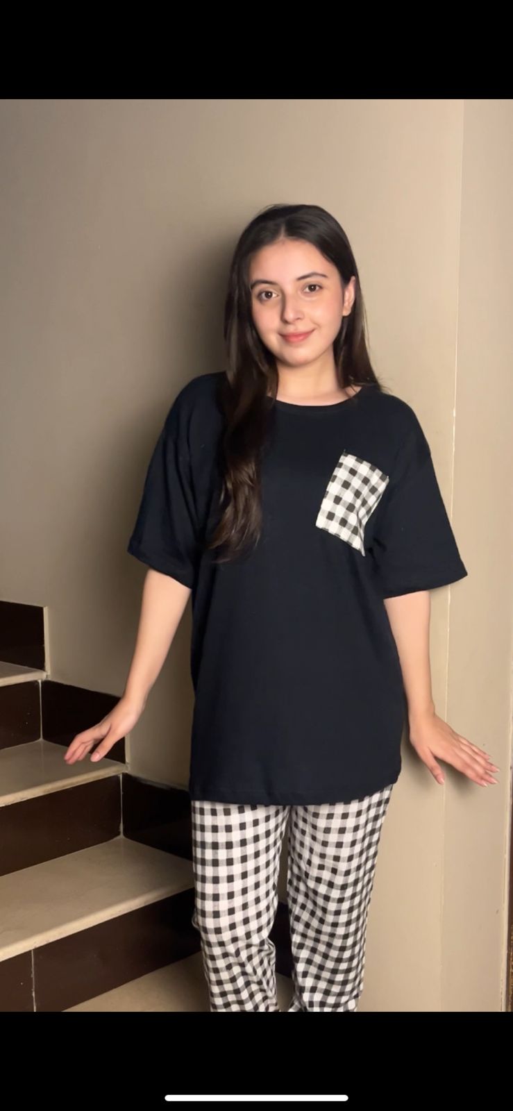 BLACK POCKET DESIGN NIGHT DRESS IN COTTON FABRIC - M.H fashion 