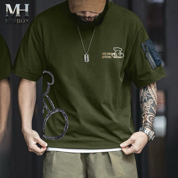 POCKET DESIGN DROP SHOULDER T-SHIRT IN BEAR PRINTED COTTON JERSY FABRIC FOR MEN AND BOYS ( MH 8899