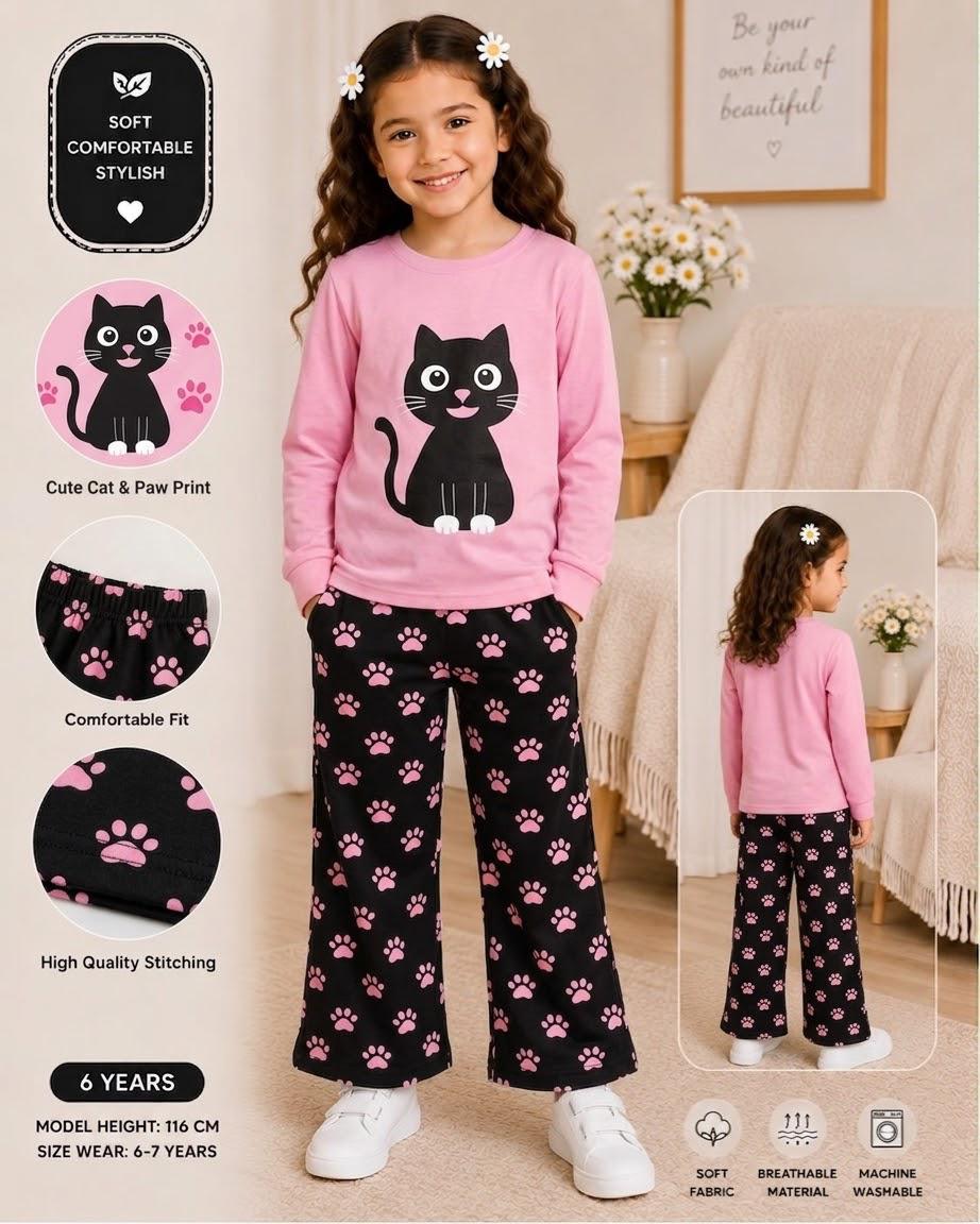 cat printed kids summer night suits for girls