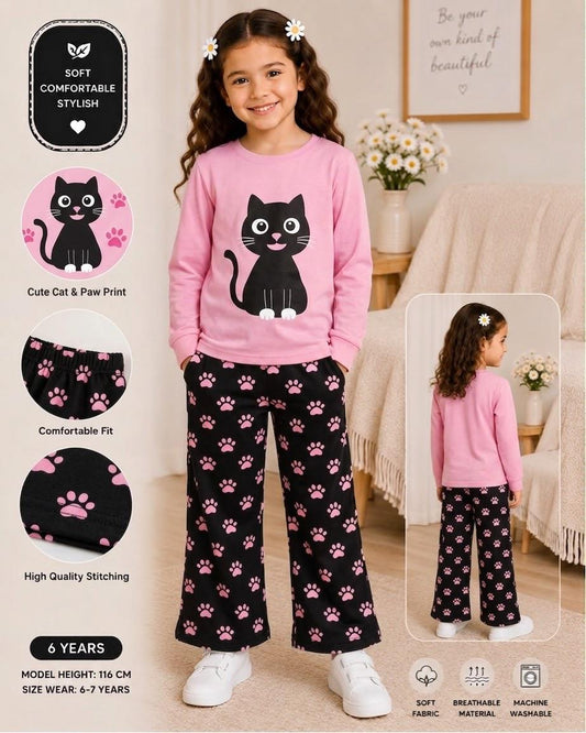 cat printed kids summer night suits for girls
