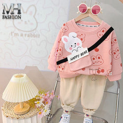 beautiful bear printed pink full-sleeves sweatshirt and trouser in kids winter collection (MH 93)