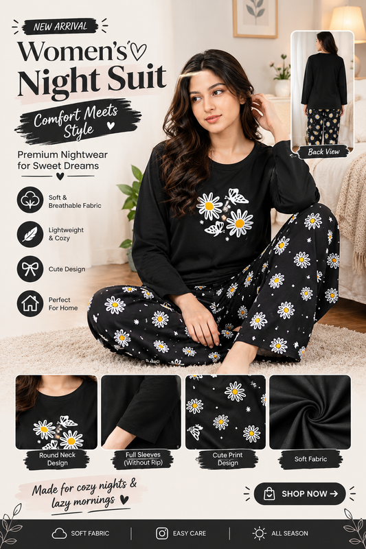 black daisy full sleeves Print Women's Night Suit – Cotton Sleepwear Set - M.H fashion 