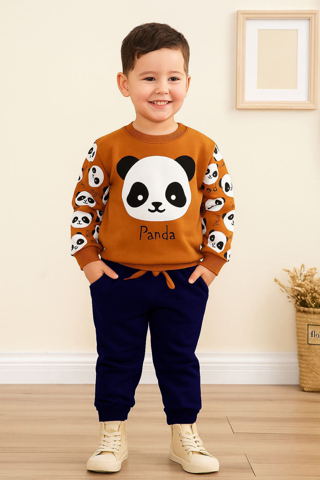 white panda brown printed  kids suit for winter