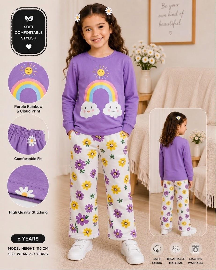 purple ranbow kids summer night suits for girls