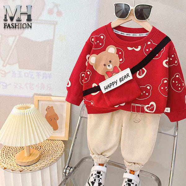 beautiful bear printed red full-sleeves sweatshirt and trouser in kids winter collection (MH 93)