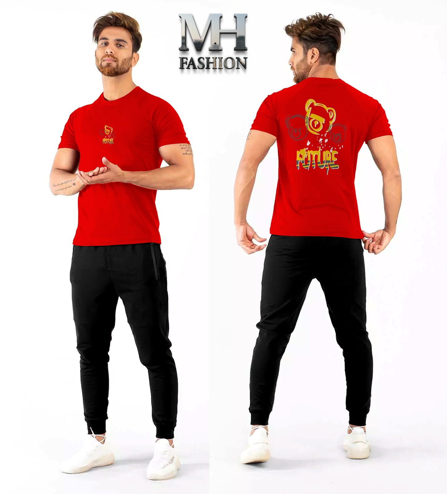 Bear face printed half sleeves T-shirt and trouser in cotton jersey for mans and boys (MH : 77)