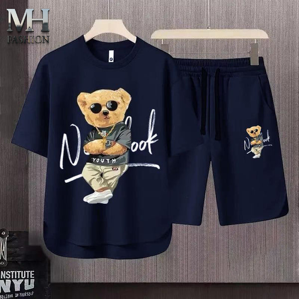Bear printed half sleeves T-shirt and short in cotton jersey for mans and boys (MH : =)