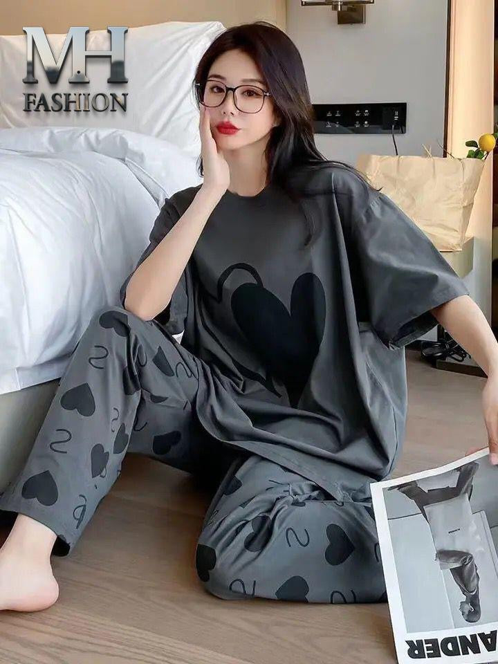 GREY DOUBLE HEART DESIGN NIGHT DRESS IN COTTON FABRIC
