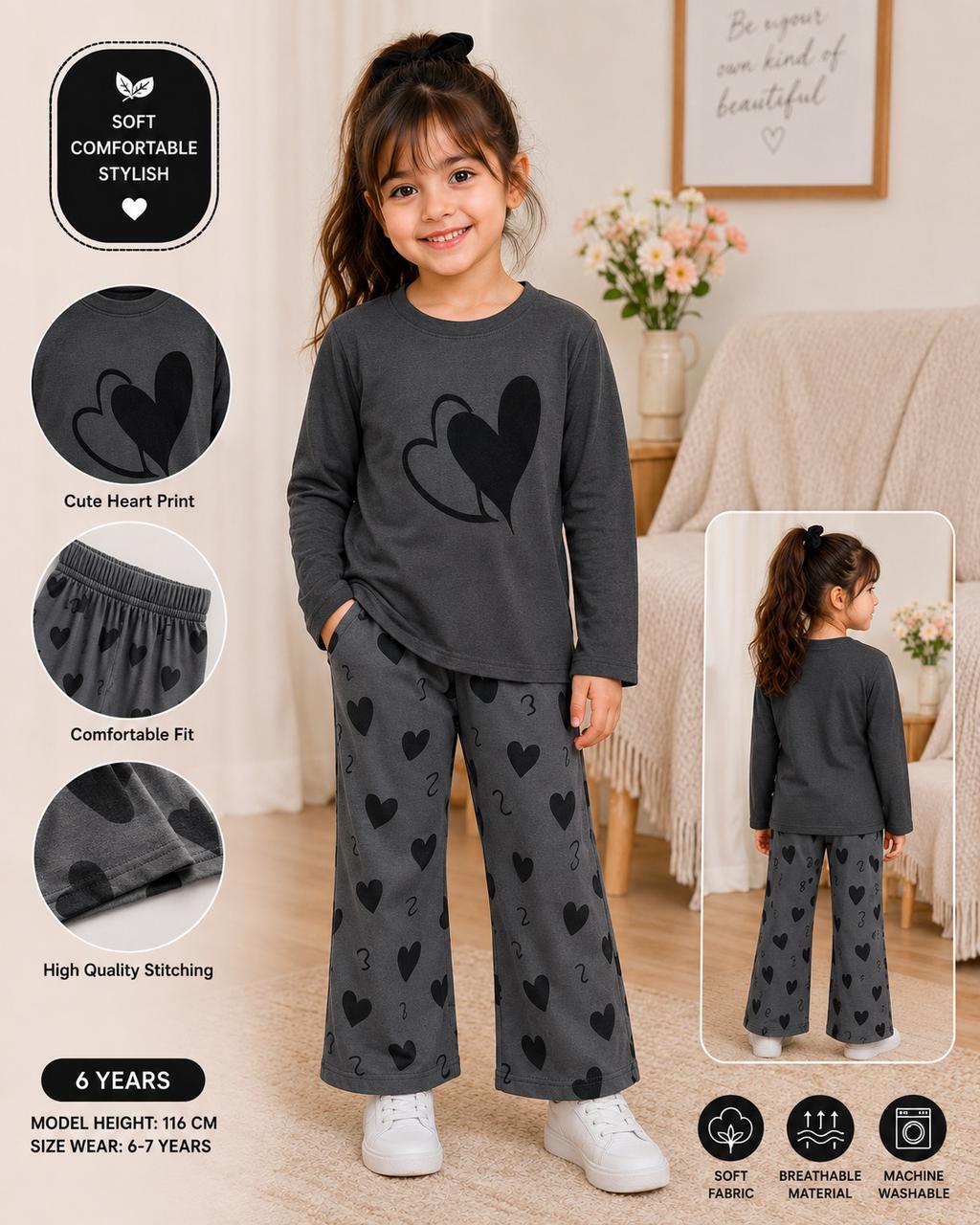 grey double heart kids summer night suits for girls